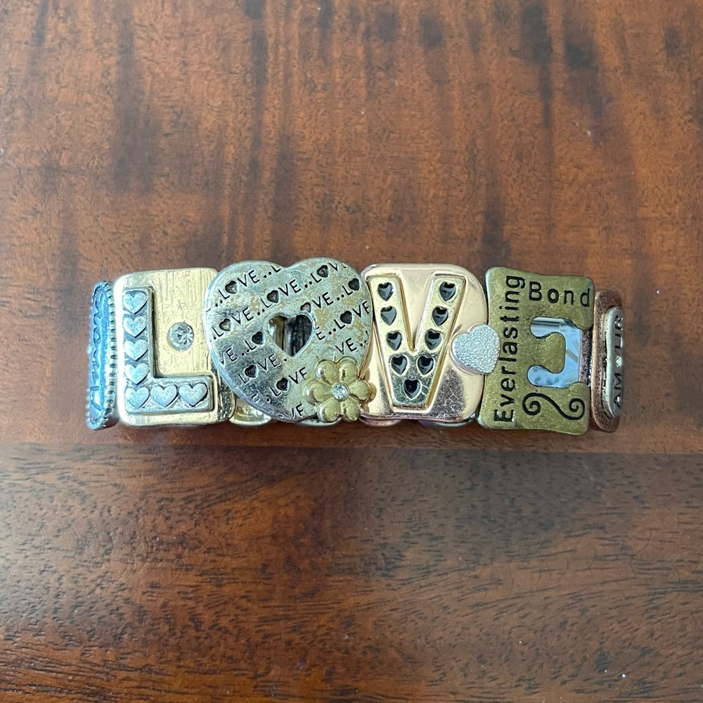 Stretchy love bracelet with AB crystals silver, gold and rose gold tone